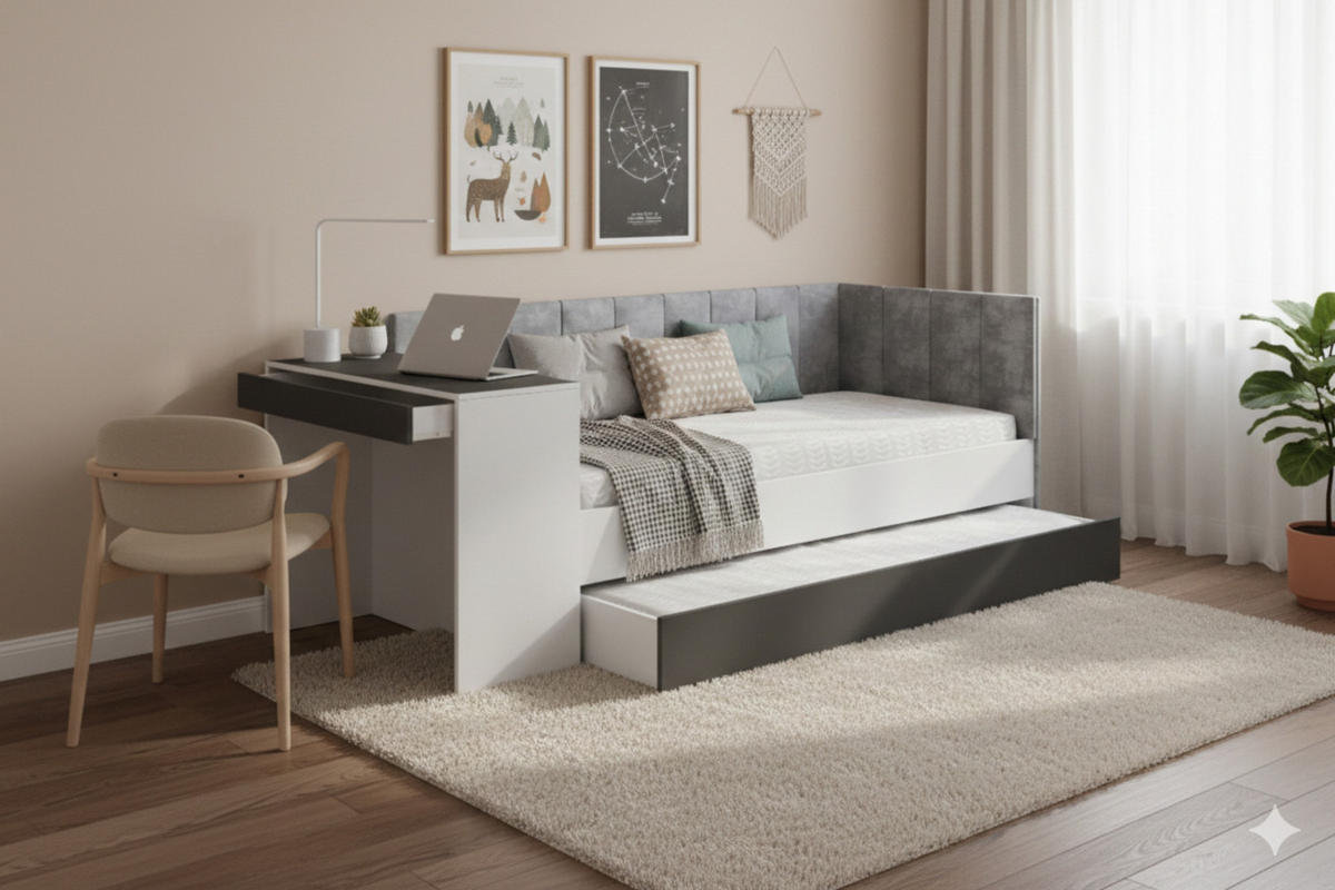 JUGENDBETT FABIAN 90/200 cm in Weiß/Graphit rechts - Graphitfarben/Weiß, Holzwerkstoff/Textil (90/200cm) - Deine Möbel 24