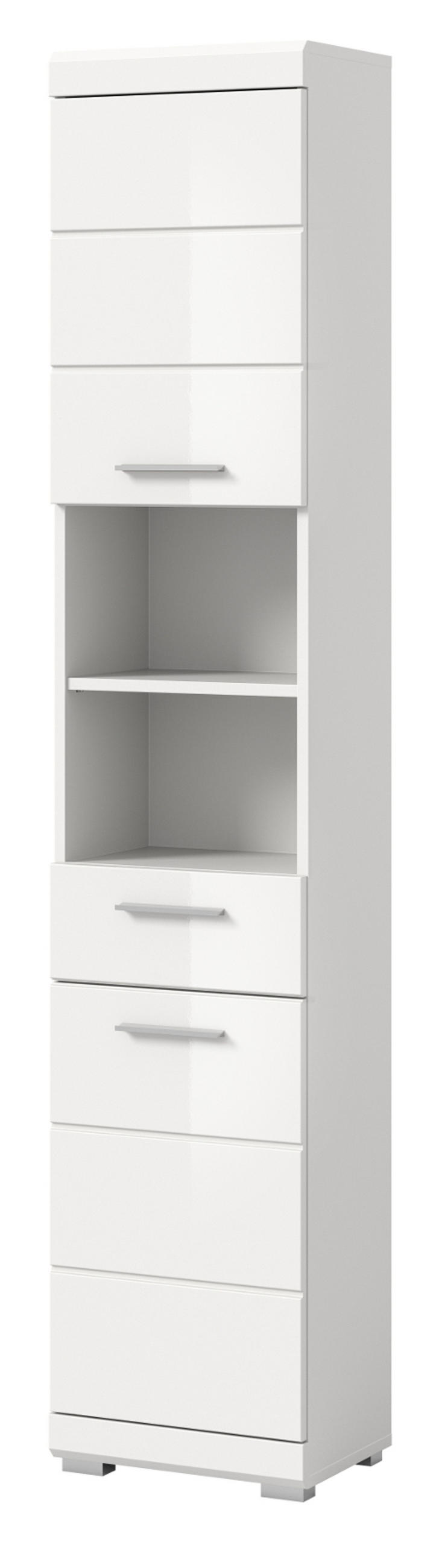 HOCHSCHRANK weiß Hochglanz 37 cm, Badschrank mit 6 Fächern - Weiß Hochglanz/Silberfarben, Holzwerkstoff/Kunststoff (37/191/31cm) - Inn.Furn