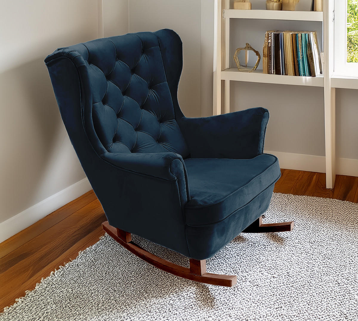 SCHAUKELSESSEL mit gepolstertem Sitz und Armlehnen, 102x81x95 cm, Marineblau_29865 - Blau/Braun, Holz/Textil (81/102/95cm) - DomoHome