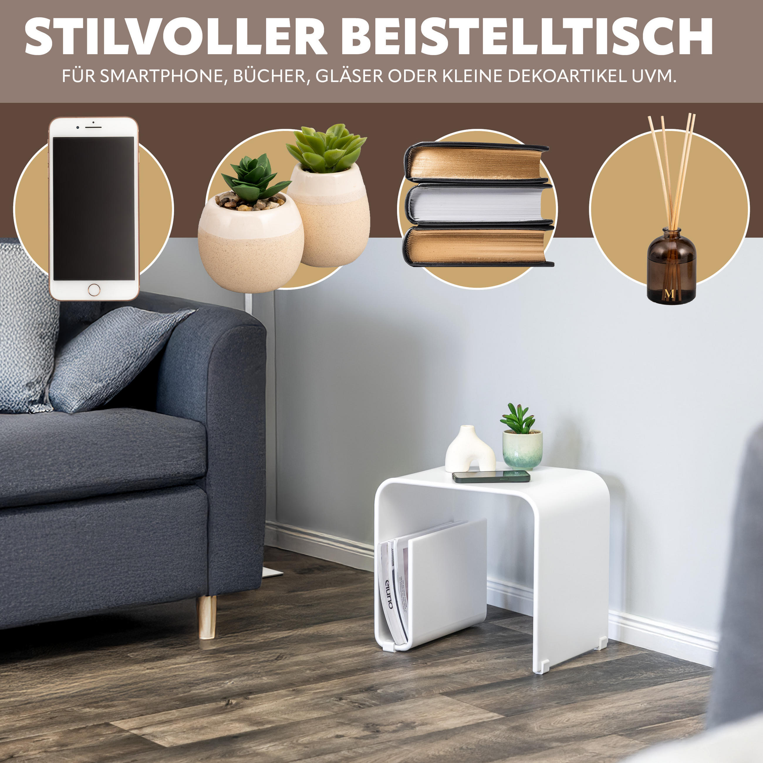BEISTELLTISCH MIT MAGAZINHALTER Acryl weißmatt - Weiß, Kunststoff (30/38.5/35.5cm) - eluno
