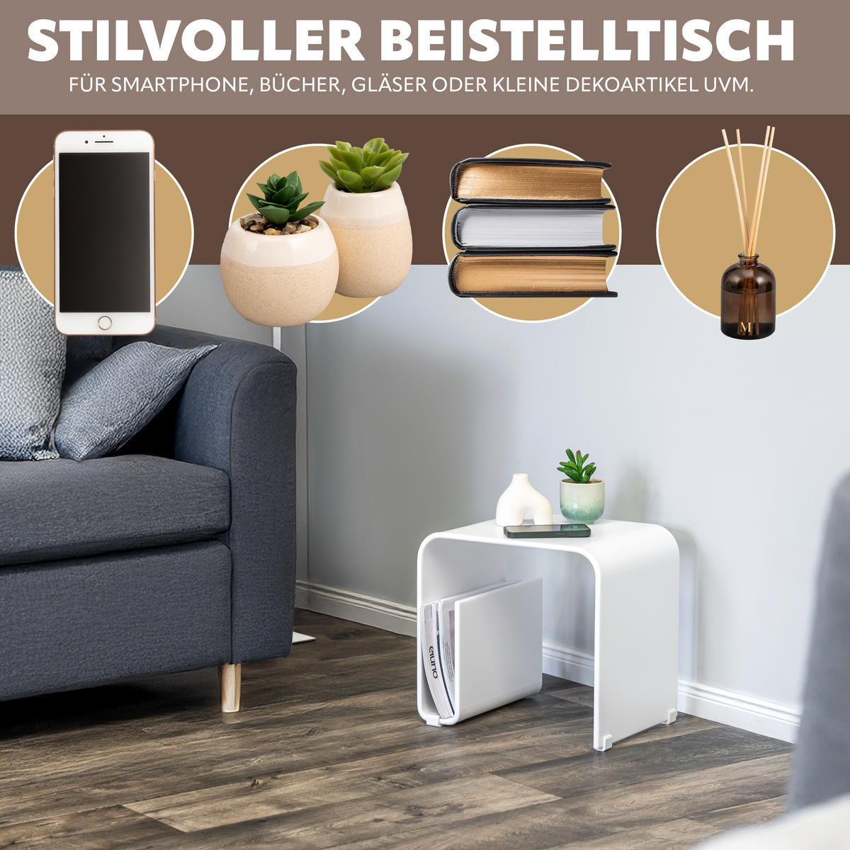 BEISTELLTISCH MIT MAGAZINHALTER Acryl weißmatt - Weiß, Kunststoff (30/38.5/35.5cm) - eluno