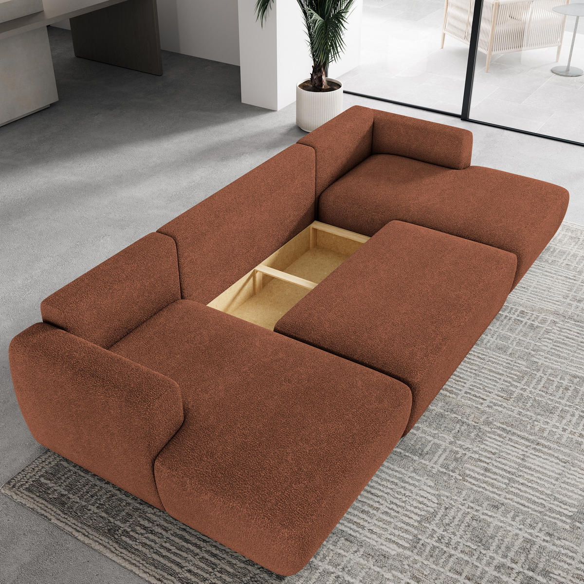WOHNLANDSCHAFT SENTUM N Orange Boucle-Stoff mit Schlaffunktion - Orange, Holz (330/90/148cm) - MASSENO