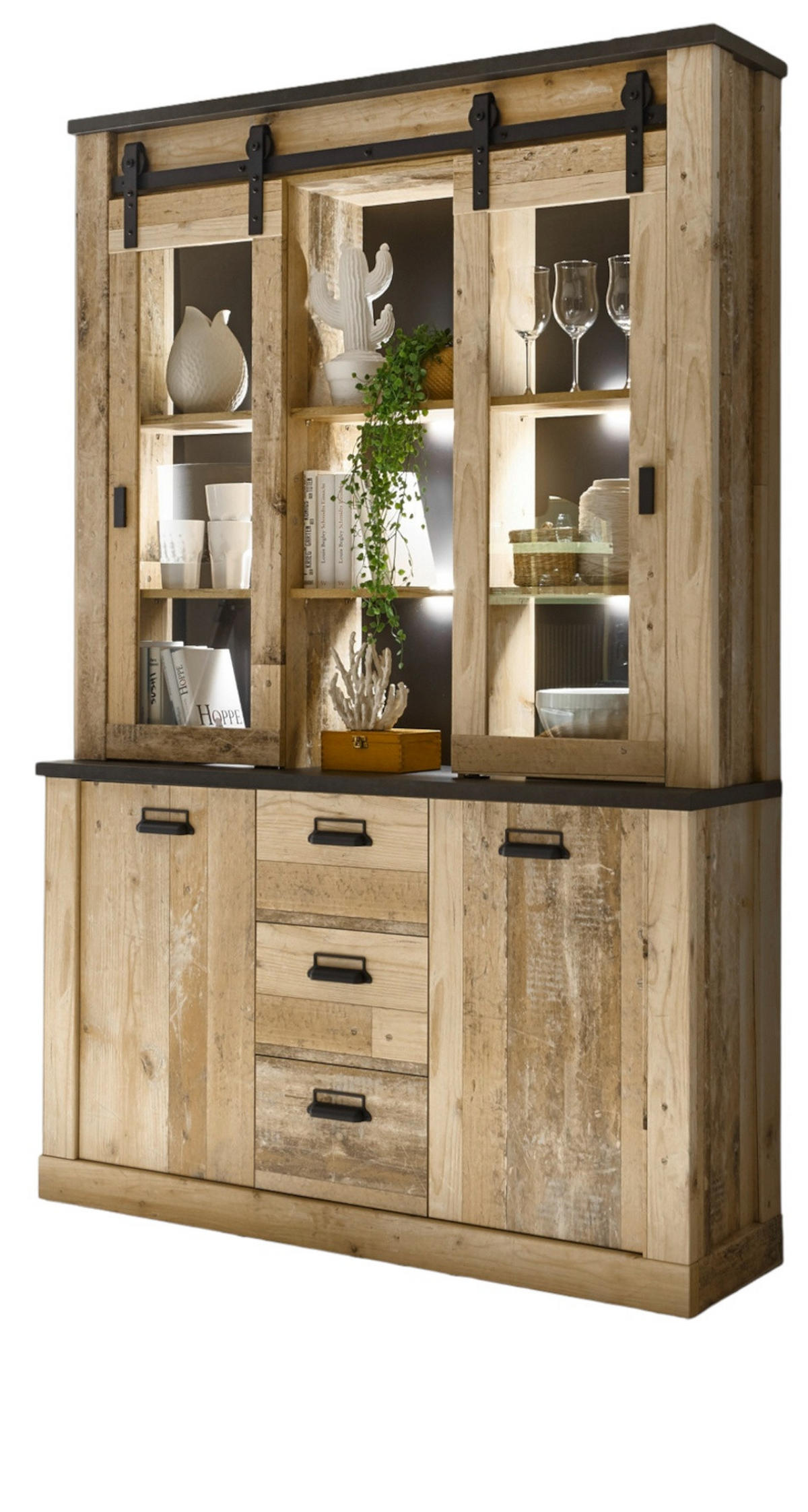 BUFFETSCHRANK Used Wood hell, anthrazit, Vitrinenschrank 133 x 201 cm - Eichefarben/Anthrazit, Holzwerkstoff/Metall (133/201/37cm) - Furn.Design