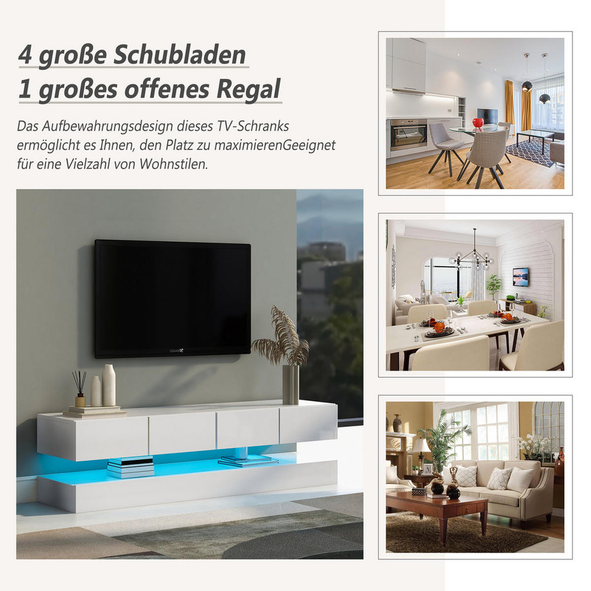 TV-SCHRANK 130x33cm wandmontierbar Weiß LED 16-Farben 2 Schränke 4 Schubladen - Weiß, Holz (44.5/21/143cm) - FLIEKS