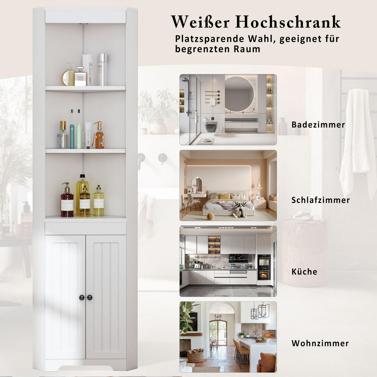 BADEZIMMERSCHRANK 49.5x25.8x170cm in Weiß, feuchtigkeitsbeständig mit 3 offenen Fächern - Weiß, Holzwerkstoff (25.8/170/49.5cm) - Modfu