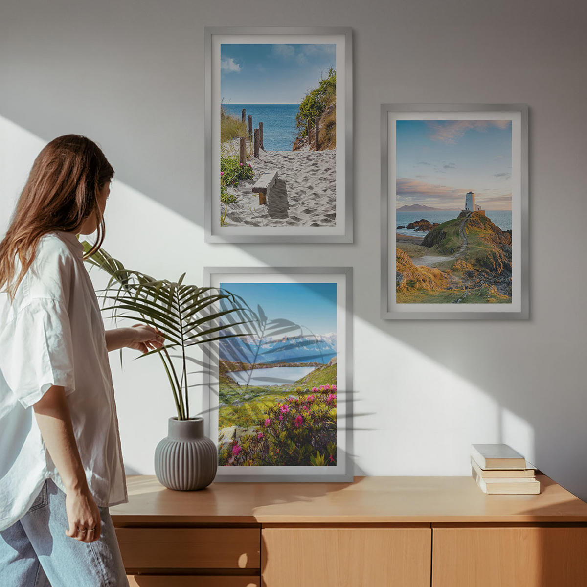 BILDER SET 3er Set - 40x60 cm Silberner Rahmen - Strand, Leuchtturm, Berge, Blumen - Silberfarben, Kunststoff (40/60cm) - TULUP