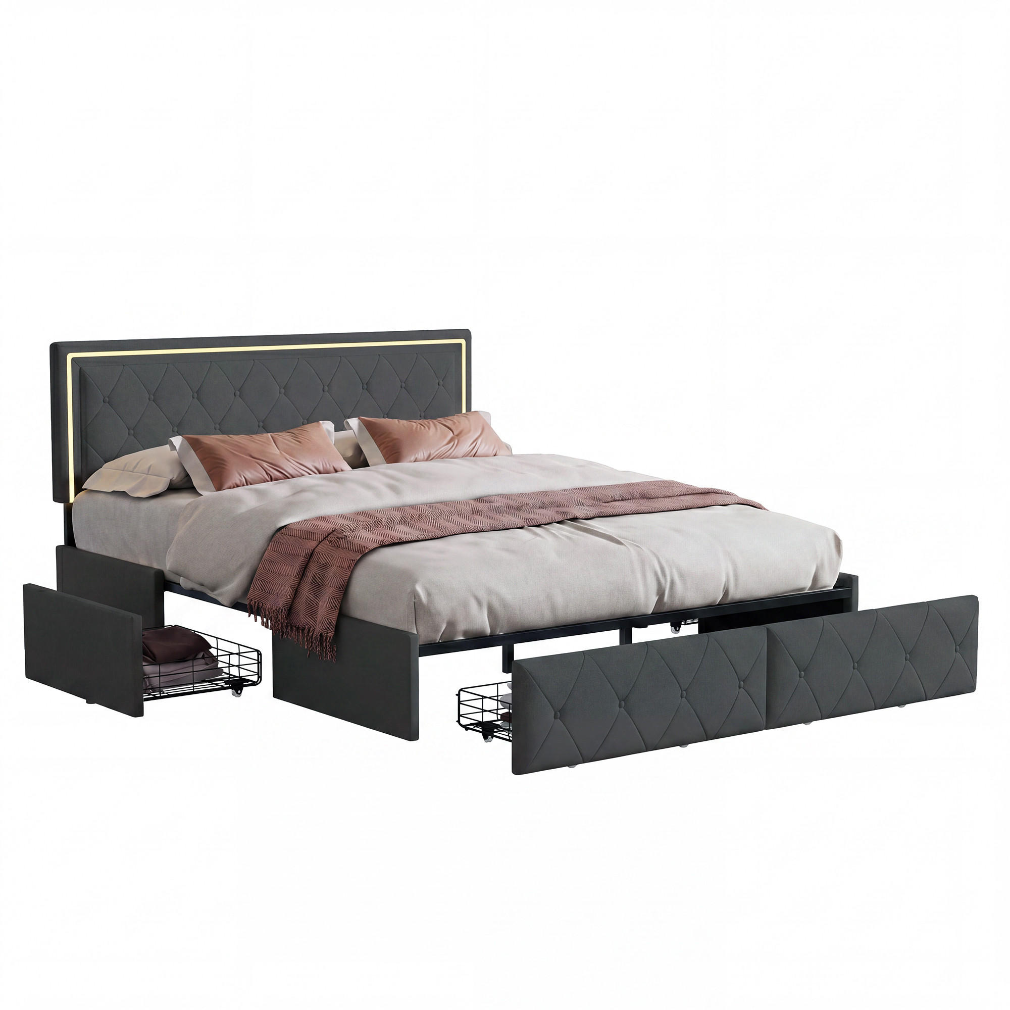 POLSTERBETT 140x200, höhenverstellbares Kopfteil, LED-Beleuchtung, 4 Stauraumschubladen, bett 140x200 mit Lattenrost, grau - Grau, Leder/Holz (140/200cm) - GENKI LIVING