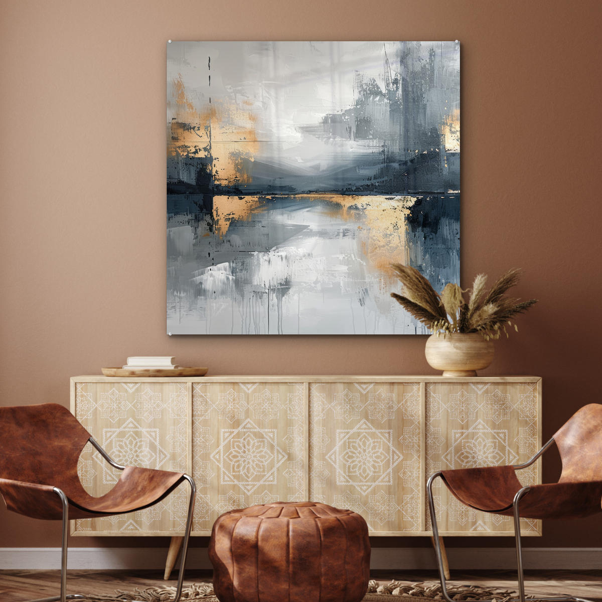 ACRYLGLASBILD Kunst - Grau - Gold - Abstrakt 90x90 cm - Dunkelgrau, Glas (90/90cm) - MuchoWow