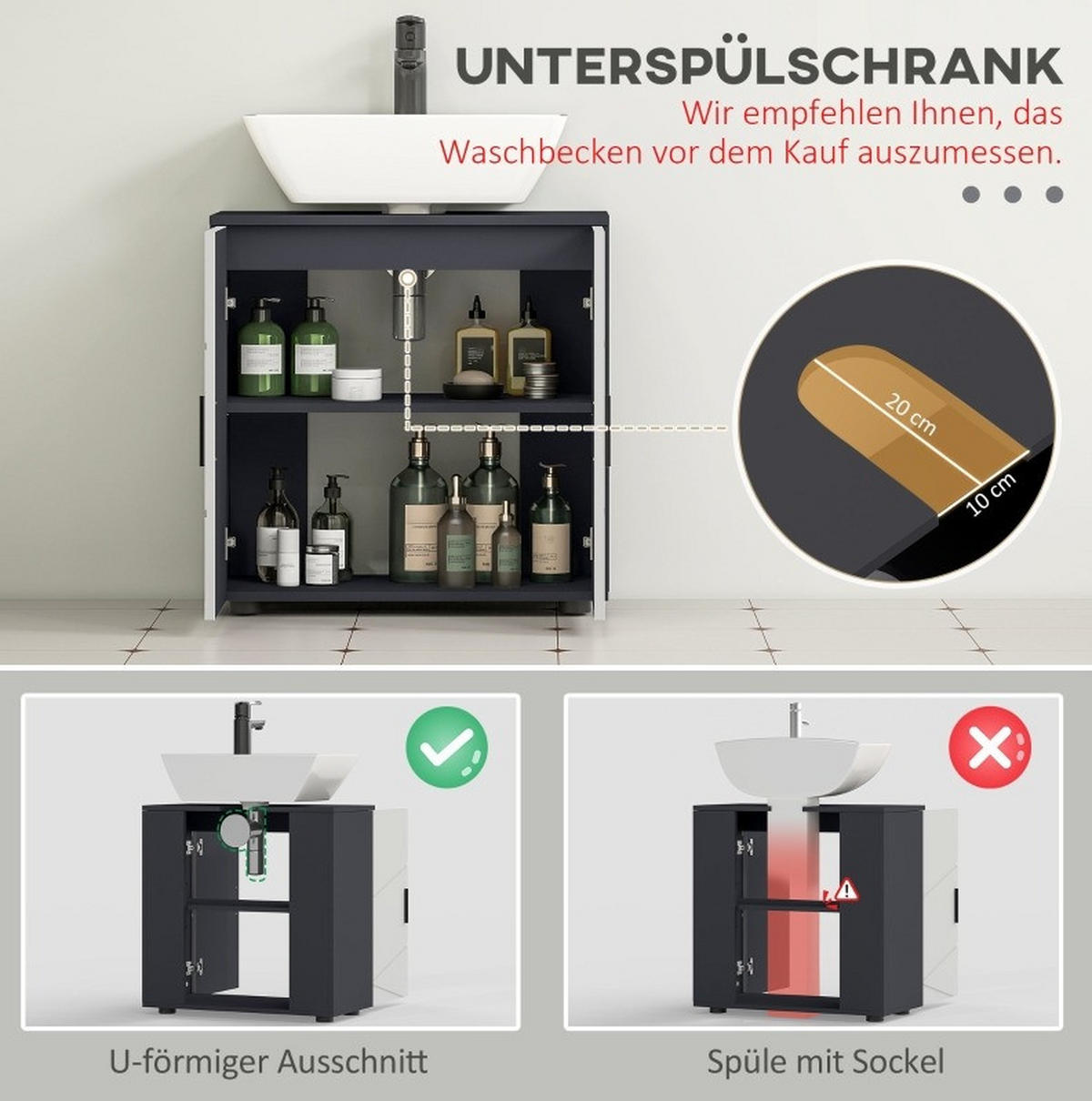WASCHBECKENUNTERSCHRANK mit verstellbarem Regal 60 x 30 x 60 cm Grau - Grau, Holzwerkstoff (30/60/60cm) - Beauniv