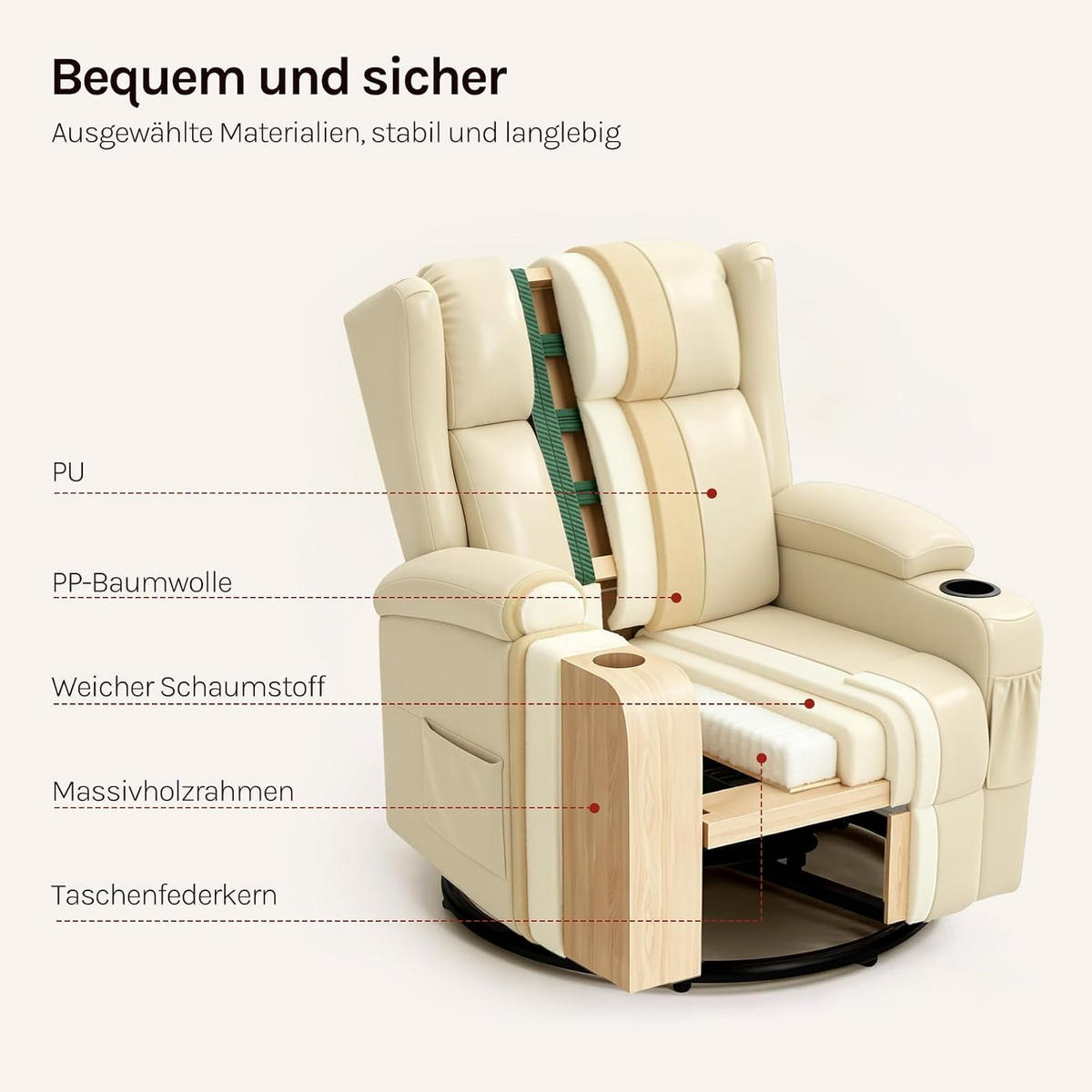RELAXSESSEL mit Liegefunktion, drehbar, Kunstleder, Beige - Beige, Kunststoff (87/103.5/94.5cm) - Woltu