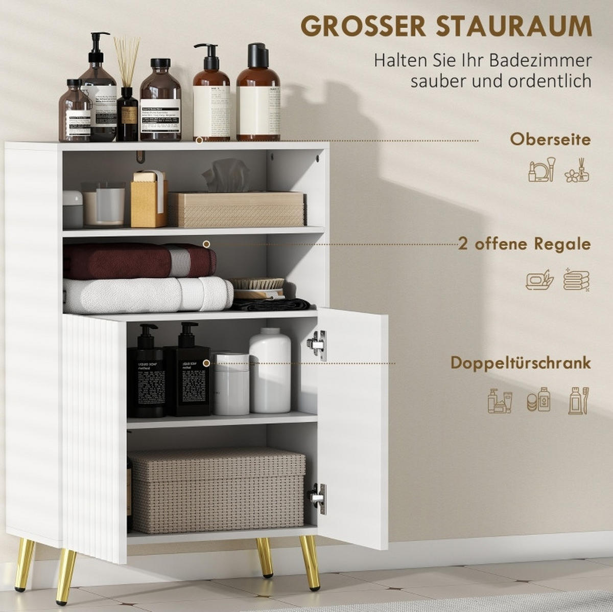 BADEZIMMERSCHRANK mit 2 offenen Fächern Weiß MDF - Weiß, Holzwerkstoff (31.8/93/60cm) - Beauniv