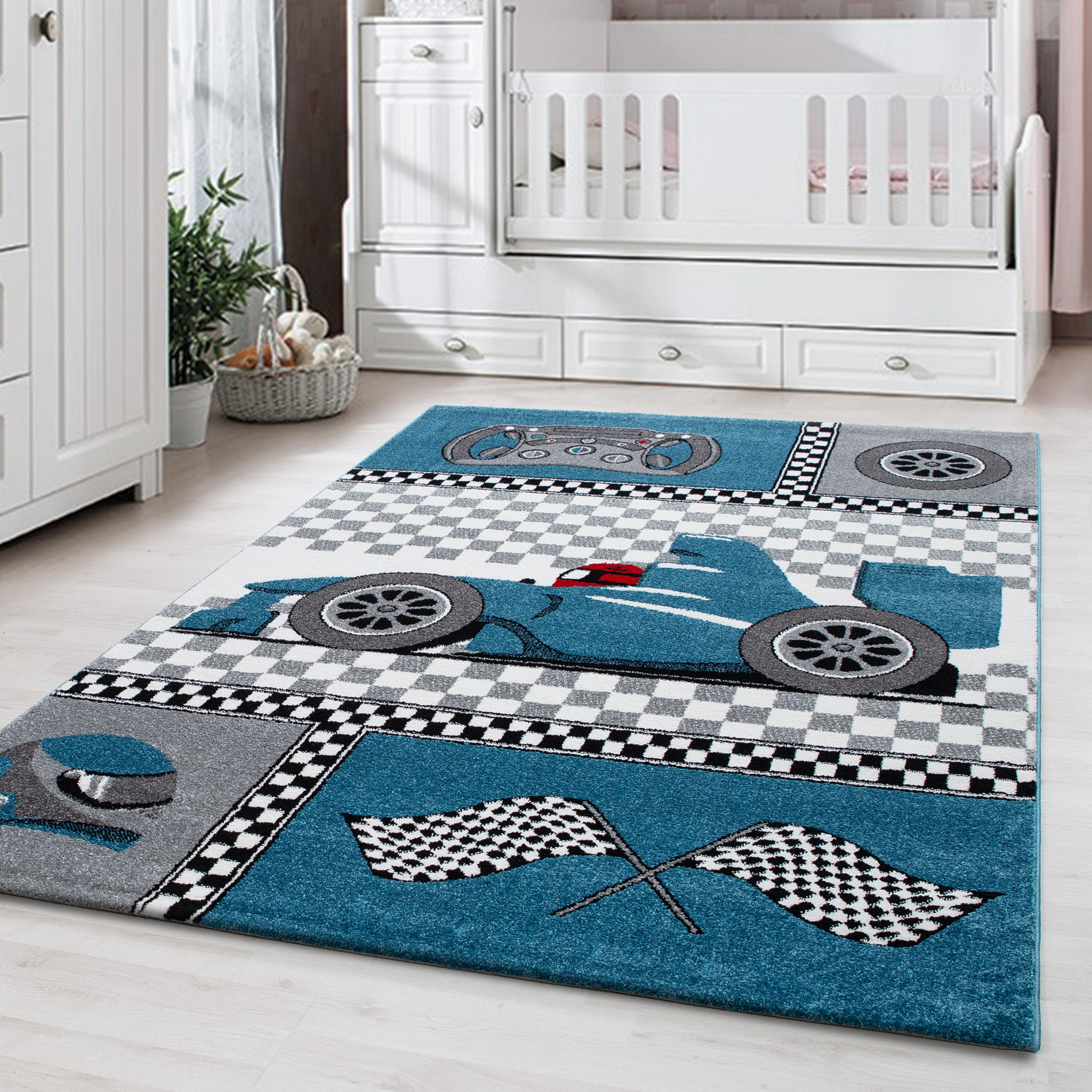 KINDERTEPPICH Rennwagen Polypropylen gewebt saugroboter Kurzflor Kinderzimmer Blau Läufer 80x150 - Blau, Textil (80/150cm) - KADIMA DESIGN