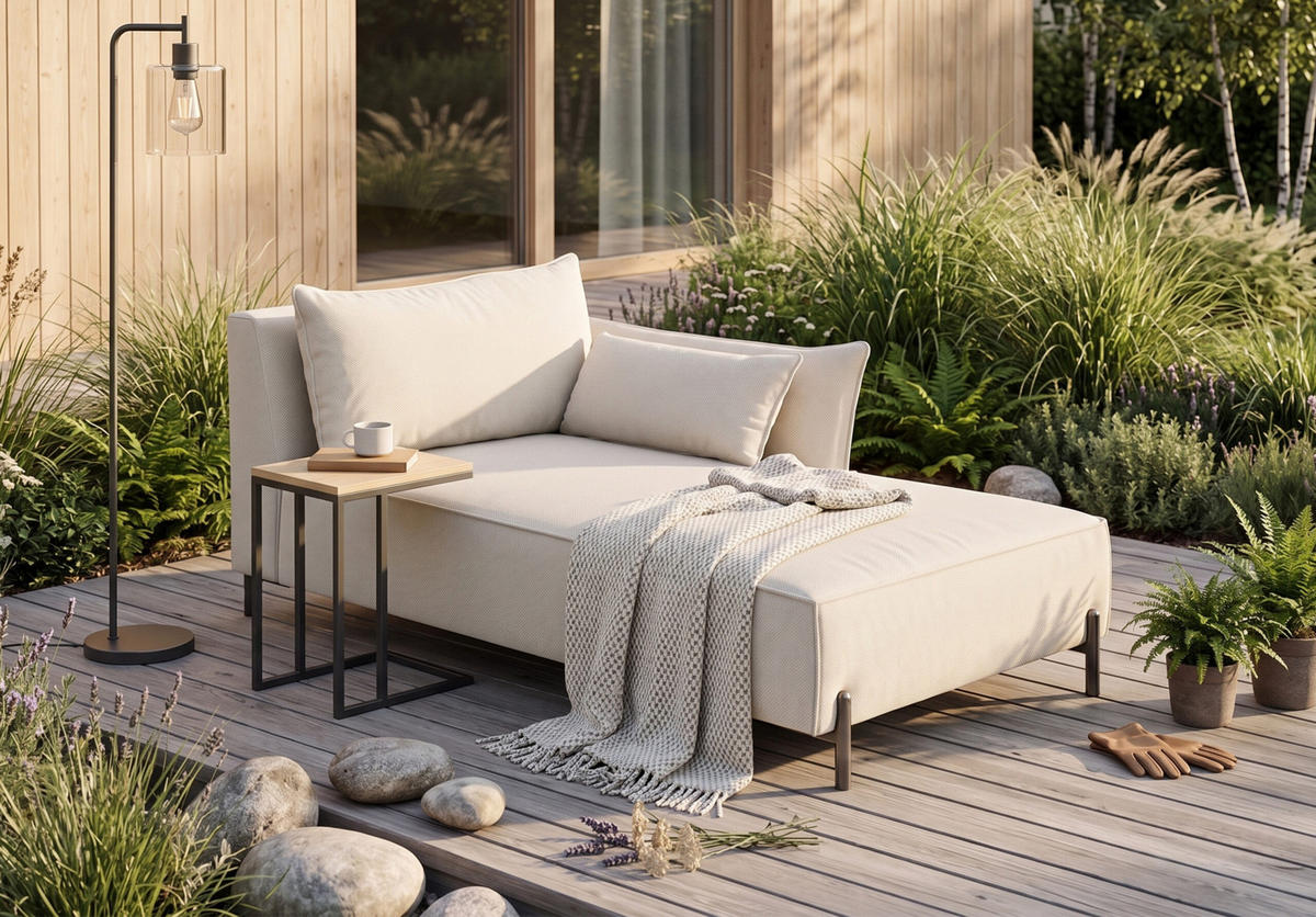 CHAISELONGUE für Terrasse und Garten, Stoff Sunlight, Ecru, Rechts, SUNMEE - Ecru, Holz (80/90/165cm) - Kaiser Möbel