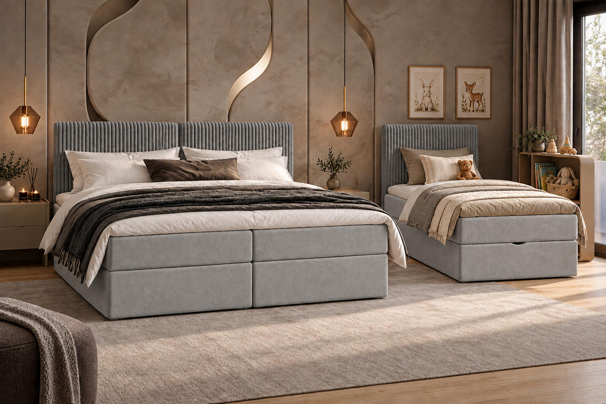 BOXSPRINGBETT Familienbett XXL 270x200 cm mit Bettkasten & Topper – Grau - Grau, Textil (270/200cm) - MebleHot