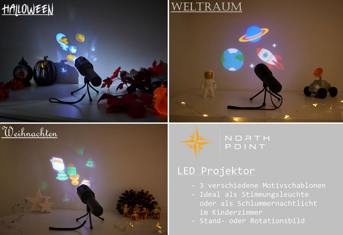 LED Halloween-Projektor - mit Stativ, 3 Motivschablonen und USB-Ladefunktion für stimmungsvolle Innenbeleuchtung, 3er-Set - Weiß, Kunststoff (22/5.8/5.8cm) - Northpoint