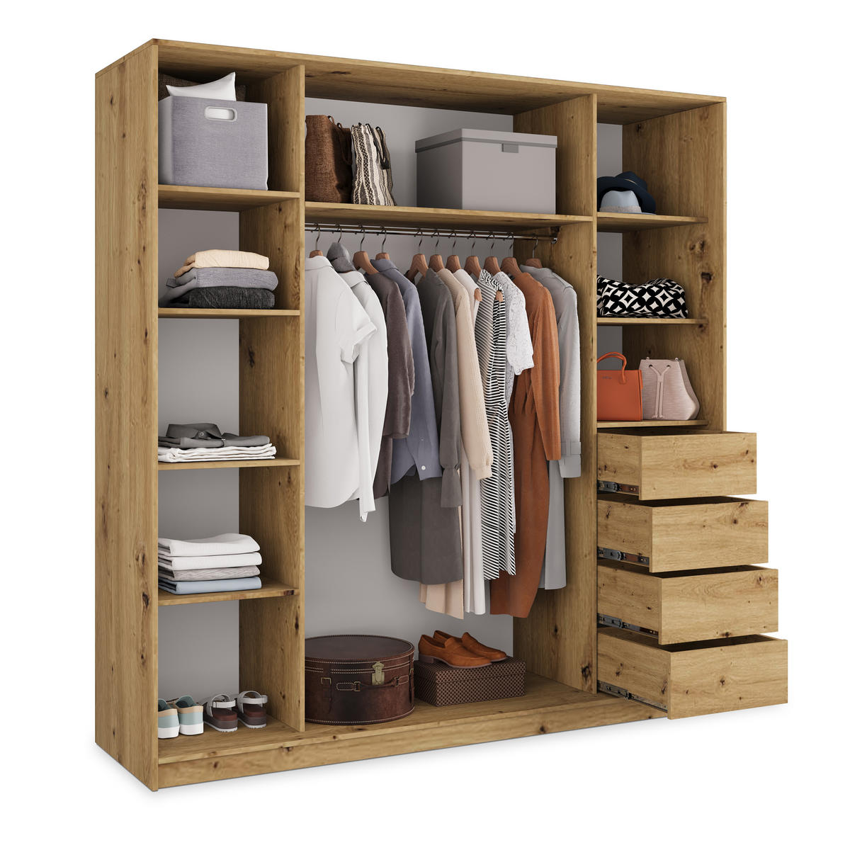 SCHWEBETÜRENSCHRANK PINA 180/205/58 cm 3-türig mit Spiegel und Schubladen Eiche Artisan - Silberfarben/Eiche Artisan, Holzwerkstoff (180/205/58cm) - MASSENO