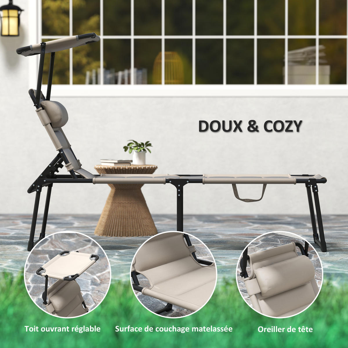 SONNENLIEGE 2er-Set DE-15652 klappbar, verstellbares Sonnendach Khaki - Mokka, Metall (200/45/70cm) - ComfortXL