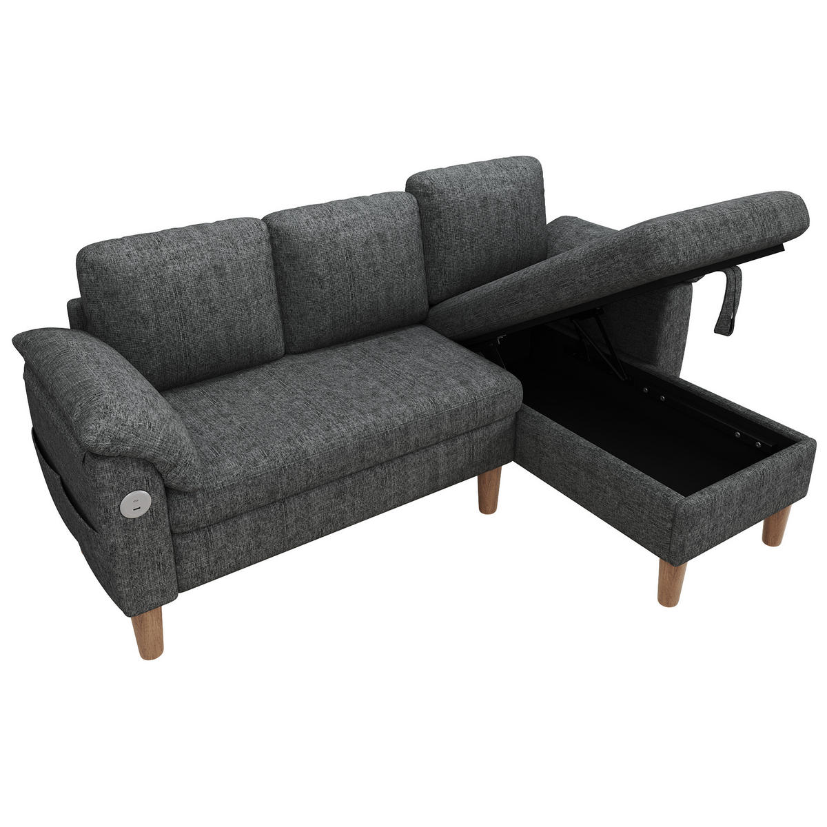 ECKSOFA 181/125/88 cm Dunkelgrau mit Stauraum-Chaiselongue und USB/Type-C-Ladeanschluss - Dunkelgrau, Textil (181/125cm) - Oxeza