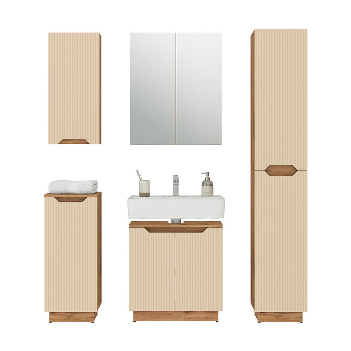 BADMÖBEL-SET Lotta Eiche/Kaschmir gestreift 5 Teile - Kaschmir/Eichefarben, Holzwerkstoff (59.8/62.1/32cm) - Vicco