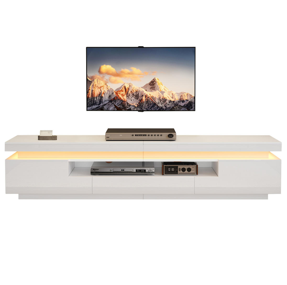 LOWBOARD 175/38/45 cm aus Spanplatte mit LED-Beleuchtung und Hochglanzfronten Weiß - Weiß, Holzwerkstoff (175/45/38cm) - Modenvie
