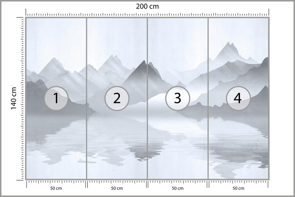 FOTOTAPETE für Wohnzimmer Aquarell Graue Berge See 200x140 - Weiß/Grau, Papier (200/140cm) - Muralo
