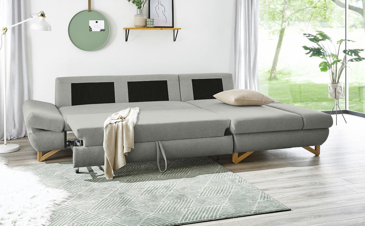 ECKSOFA hellgrau Velours, Sofa mit Bettfunktion und Stauraum 284 cm - Hellgrau, Holz/Textil (284/166cm) - Furn.Design