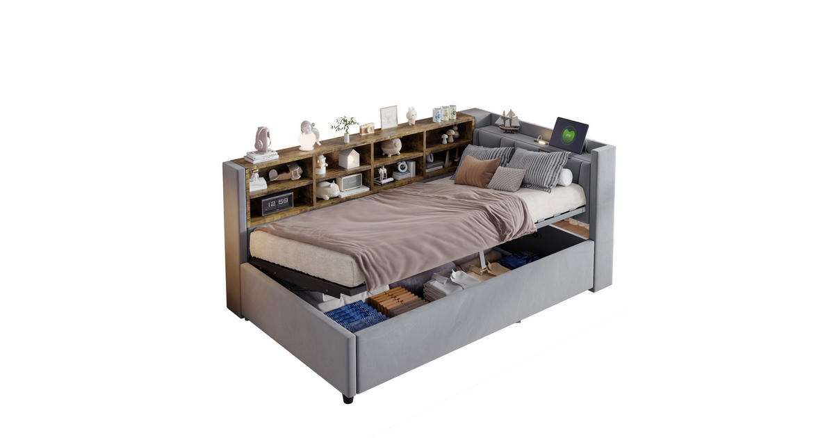 EVRYAE POLSTERBETT 90/200 mit Bettkasten, Nachtlicht, USB, Type-C und ...