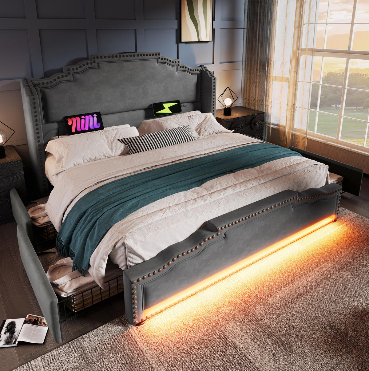 BETT mit 4 Schubladen, LED und USB-C 160x200 cm Samt Grau - Grau, Metall (160/200cm) - Meubliv