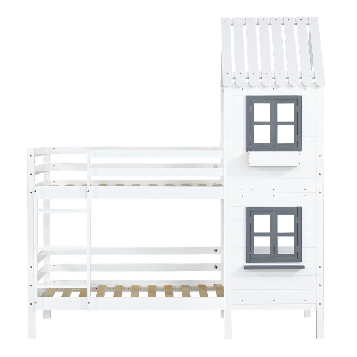ETAGENBETT 90/200 cm mit Fenster, Handlauf und Hausdach aus Kiefernholz und MDF, Weiß/Grau - Weiß, Holzwerkstoff (90/200cm) - Redom