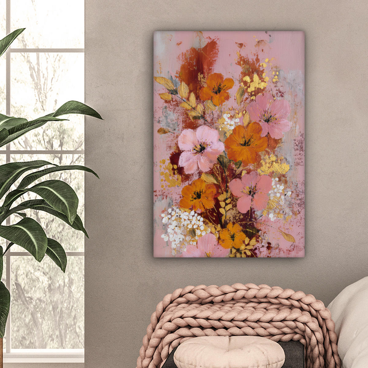 LEINWANDBILD Malerei - Blumen - Rustikal - Rosa Wanddeko 40x60 cm - Altrosa, Textil (40/60cm) - MuchoWow