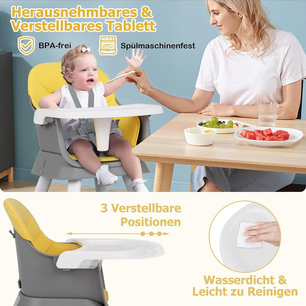 KINDERHOCHSTUHL mit Sicherheitsgurt & abnehmbarem Trichter gelb - Gelb, Kunststoff (58/98/58cm) - COSTWAY