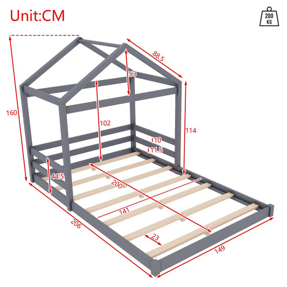 HAUSEBETT 140 x 200 cm in Grau，Minimalistischer Stil - Grau, Holz (140/200cm) - KOMHTOM