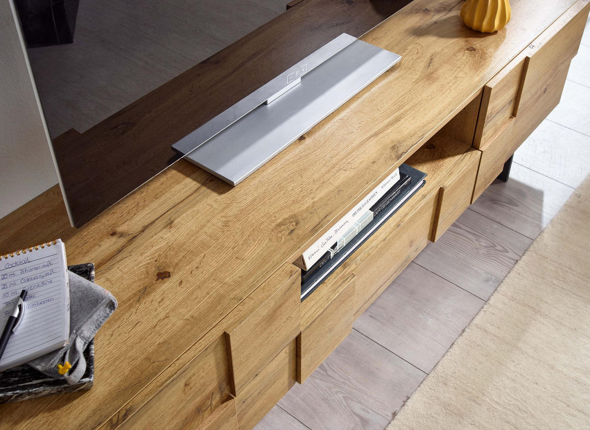 LOWBOARD Eiche-Dekor Modern Stil mit Kachelmuster für Konsolen und DVDs - Schwarz/Braun, Holz/Metall (160/46/43cm) - KADIMA DESIGN