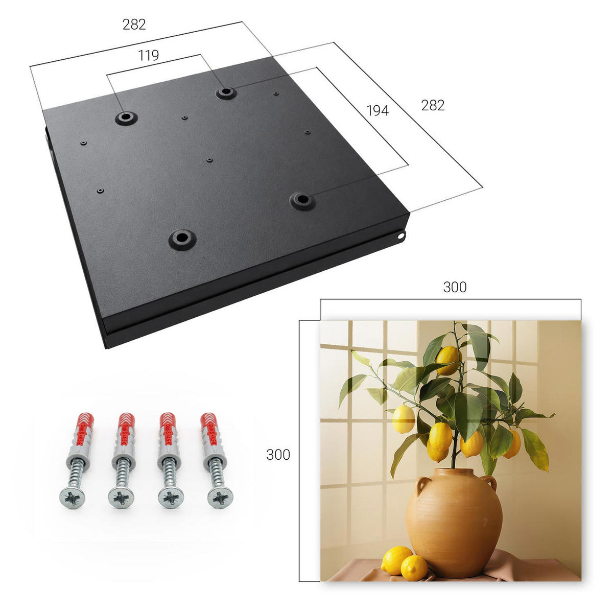 SCHLÜSSELBOX Schwarz 30x30 cm- Türöffnung nach rechts - Zitronen in einem Krug - Gelb, Metall (30/30/5cm) - TULUP