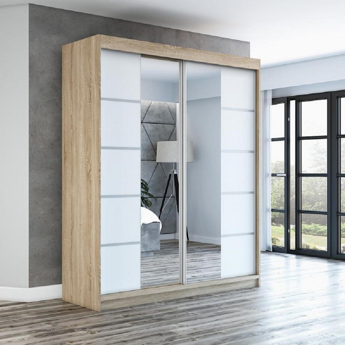 SCHWEBETÜRENSCHRANK 180 cm KOMFORT Farbe:Sonoma,weiß - Braun/Weiß, Holzwerkstoff (180/215/59.5cm) - A&J MöbelLand