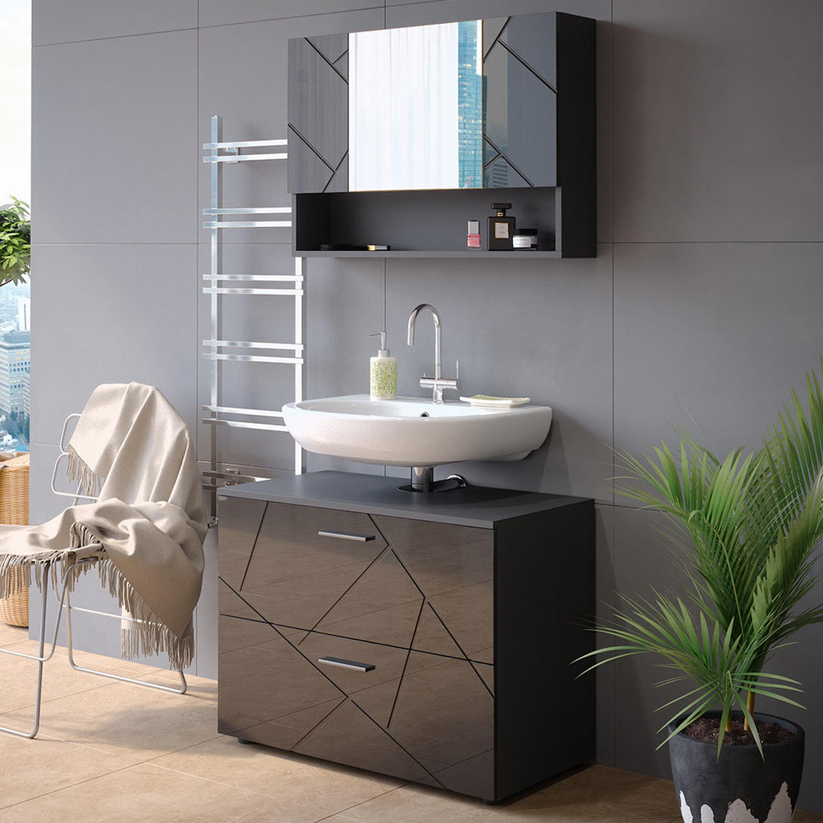 SADA NÁBYTKU DO KOUPELNY Irma Antracitový vysoký lesk - antracitová/vysoce lesklá černá, kompozitní dřevo (80/58.6/41cm) - Vicco