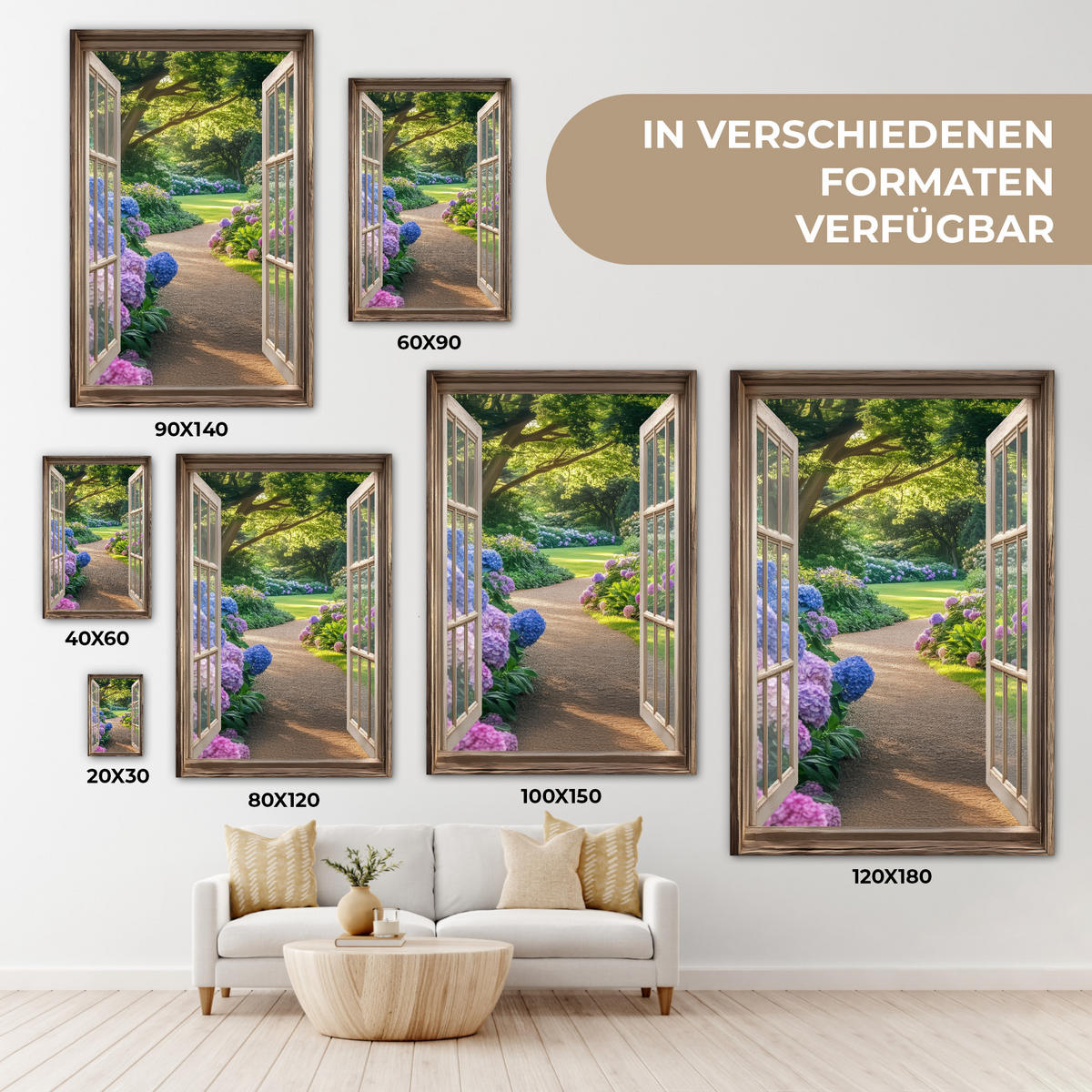 LEINWANDBILD Aussicht - Garten - Fenster - Hortensie - Blumen 60x90 cm - Pastellblau, Textil (60/90cm) - MuchoWow