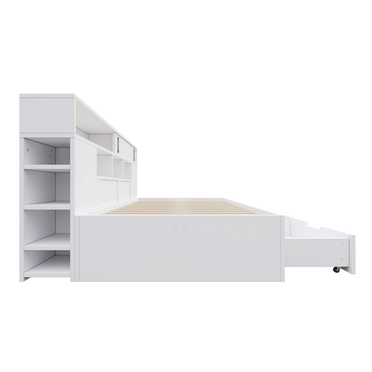 KINDERBETT aus MDF 140x190 cm Weiß mit 2 Schubladen, Schiebetürenschrank und verstellbaren Regalen - Weiß, Holzwerkstoff (140/190cm) - Modfu