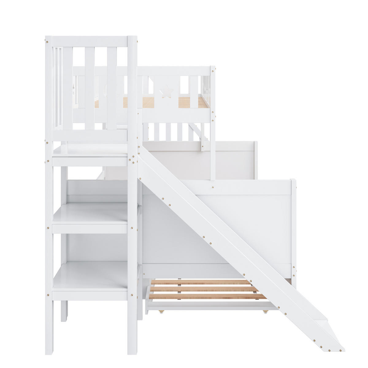 ETAGENBETT aus Massivholz 283x163x172,5 cm in Weiß mit Rutsche & Ausziehbett - Weiß, Holz (90/200cm) - Modfu