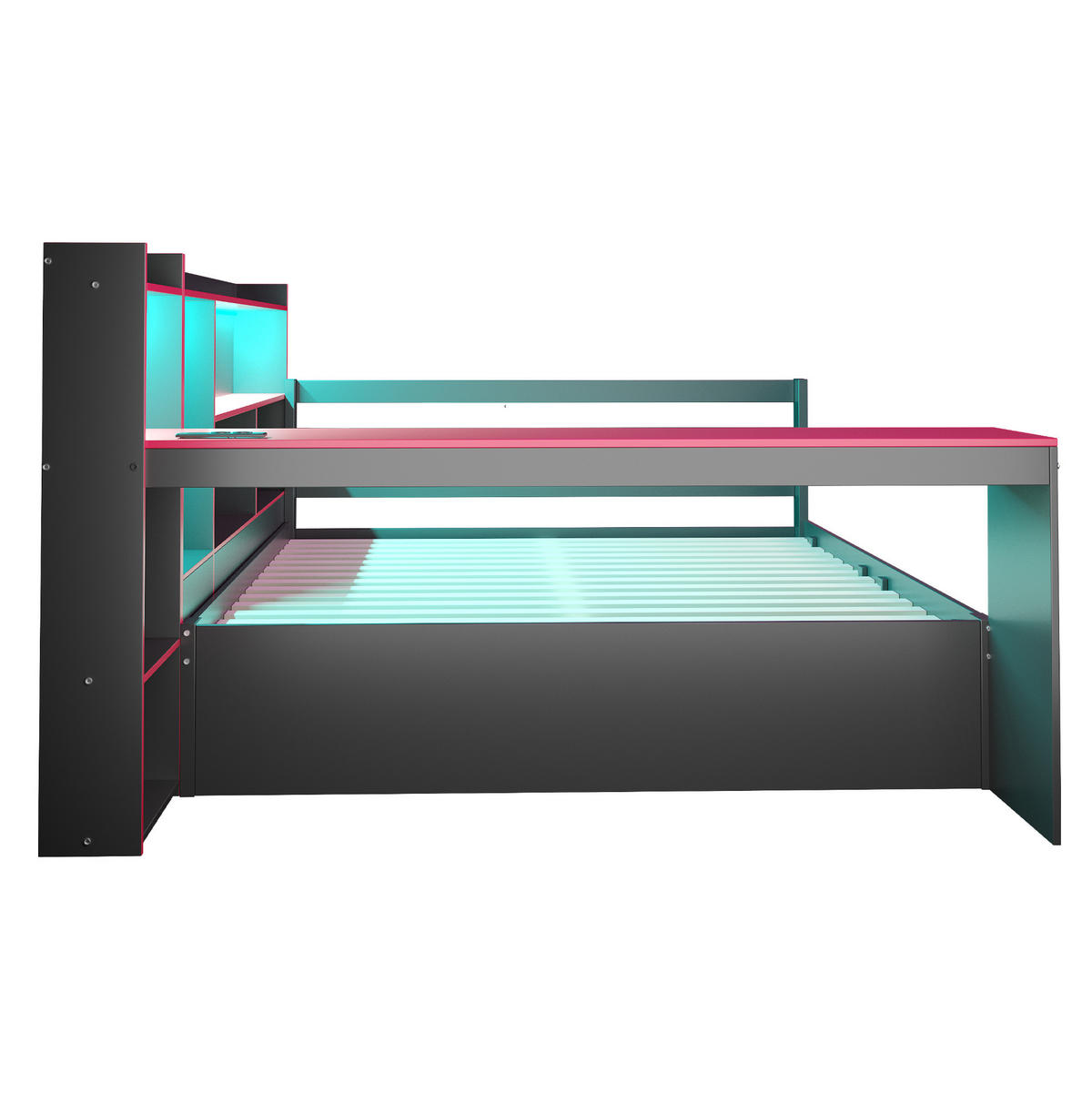 POLSTERBETT 140/200 cm mit Schreibtisch, Regalen, LED-Beleuchtung und USB-Steckdosen, Schwarz/Rot - Schwarz, Holzwerkstoff (140/200cm) - Redom