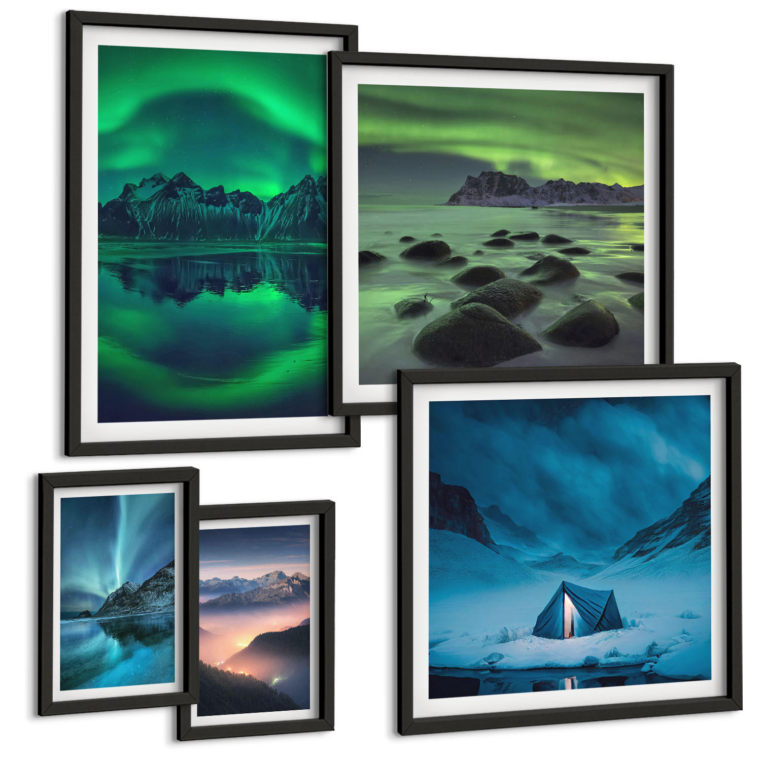 BILDER SET 5er Set - 50x50 cm & 20x30 cm & 40x60 cm Schwarzer Rahmen - Stilvolle Pflanzenmuster und Geometrie - Schwarz, Kunststoff (40/60cm) - TULUP