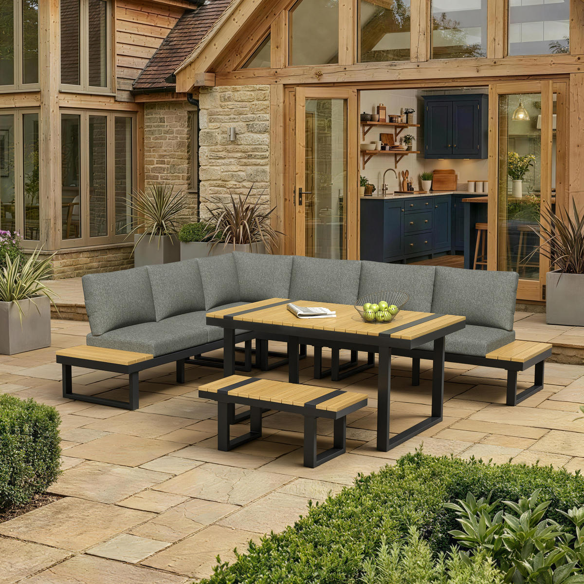 GARTEN-ESSGRUPPE mit verstellbarer Neigefunktion, 6-Sitzer Ecklounge im Industrial-Stil, Schwarz/Grau - Grau, Metall - Redom