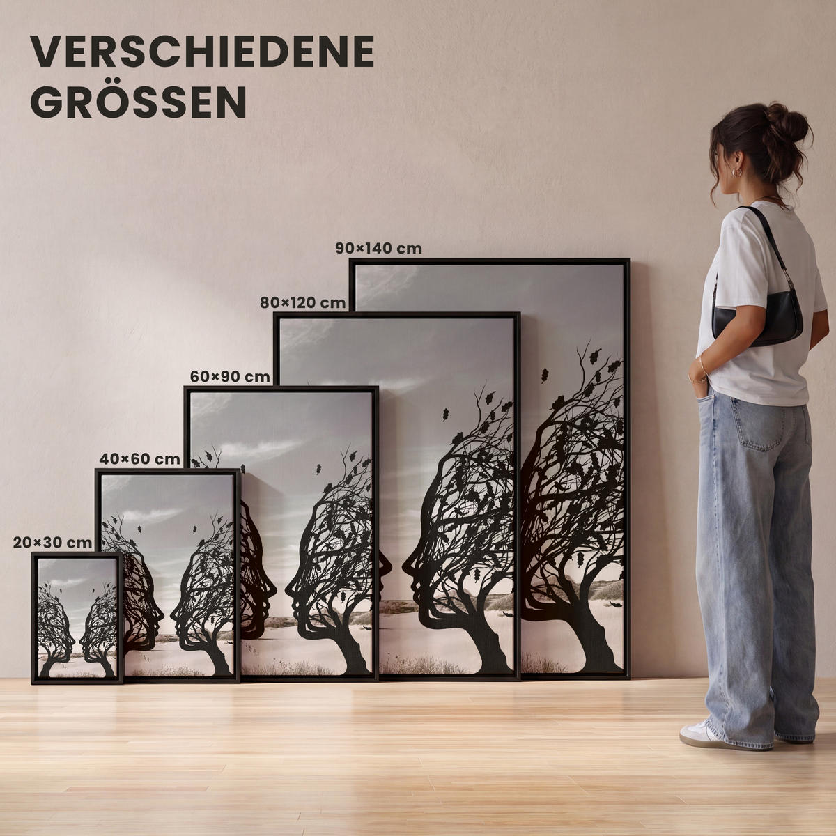 LEINWAND Bilder mit Rahmen - Strand - Meer - Menschen - Baum - Moderne Kunst - 80x120 - Hellgrau, Textil (80/120cm) - MuchoWow
