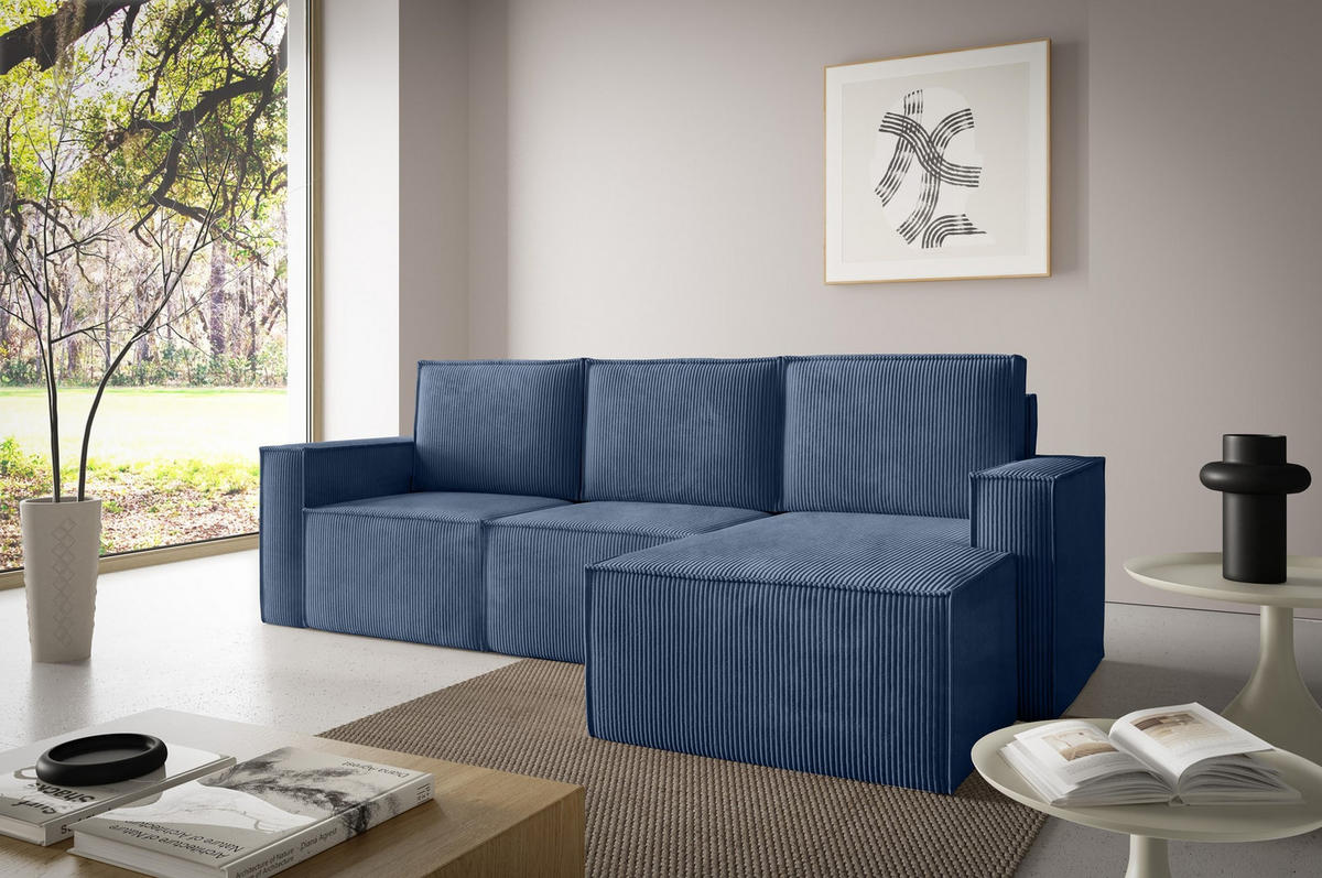 ECKSOFA Orto Dunkelblau, Dreisitzer Kordecksofa rechte seite - Dunkelblau, Holzwerkstoff/Textil (180/142cm) - Bettso