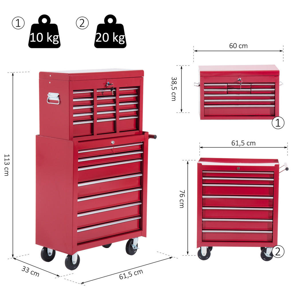 Thumbnail - Homcom Fahrbarer, Rot, Metall, 33x113x61.5 cm, Freizeit, Heimwerken, Werkstatt