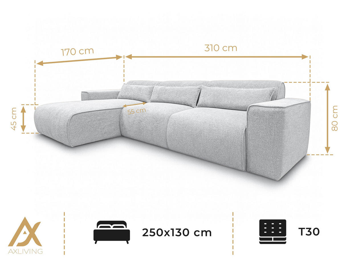 ECKSOFA L Form Ruyam Perlweiß 310/165/78 cm – Schlaffunktion & Bettkasten L - Schwarz/Weiß, Kunststoff/Textil (170/310cm) - AX Living