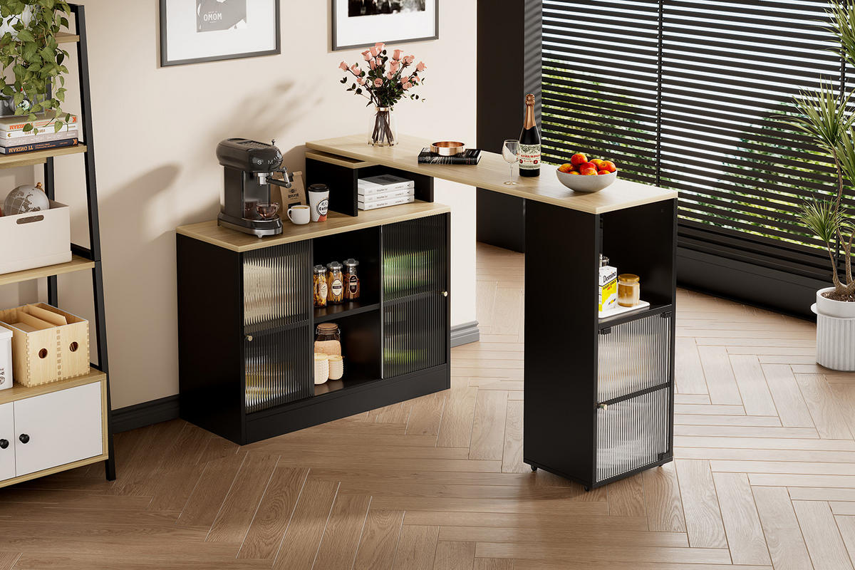 KÜCHENINSEL 2-teiliges Set Bartisch AUSZIEHBAR DREHBAR, mit Beistellschrank, MDF Regenbogen-Glas Schwarz, Küche - Schwarz, Kunststoff (50.42/29.85/83.19cm) - Rolipo