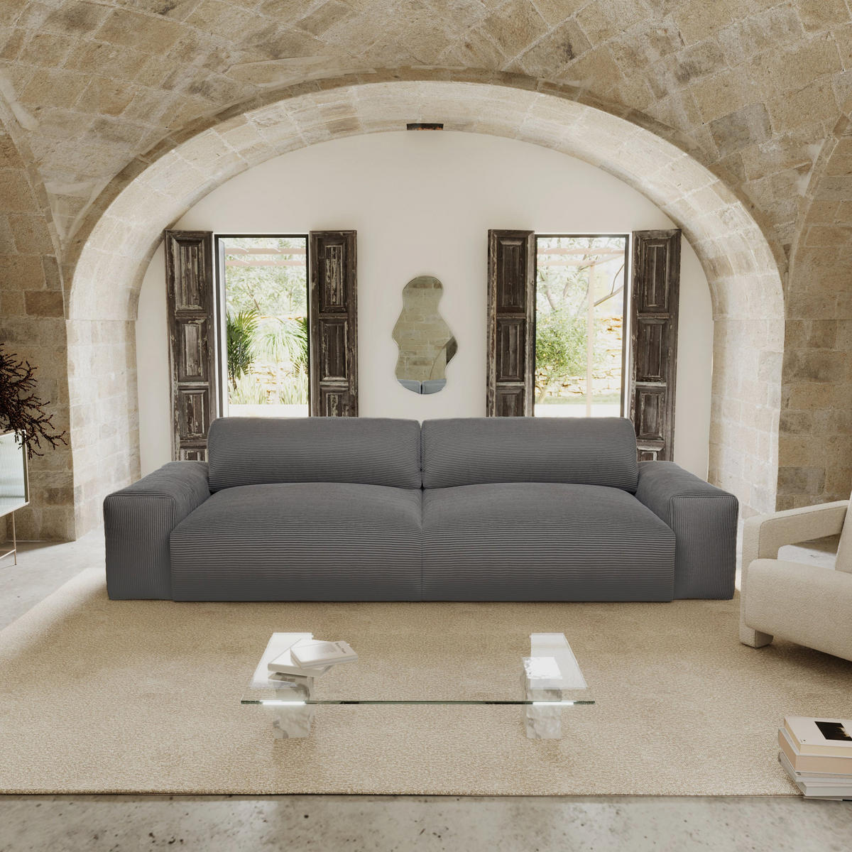 SOFA 3-SITZER Gerippter Samt Anthrazitgrau 220cm - Dunkelgrau/Anthrazit, Textil (220/47/120cm) - Sia Home