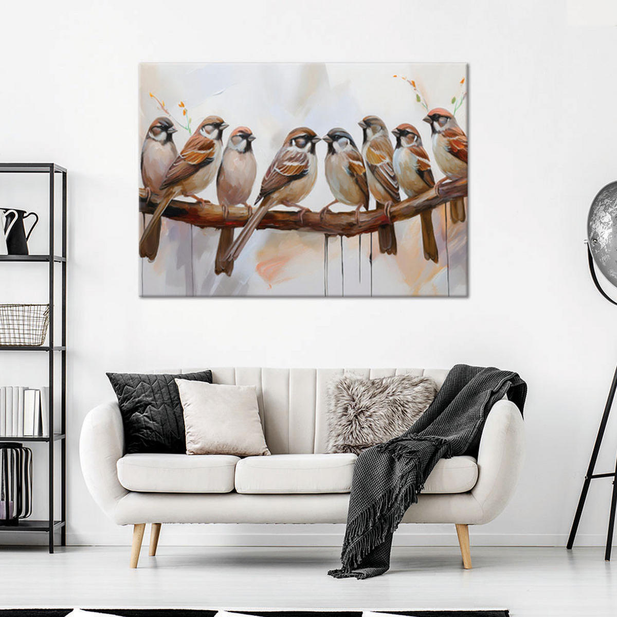 WANDBILD vögel auf einem braunen zweig - Beige, Textil (60/40cm) - Feeby