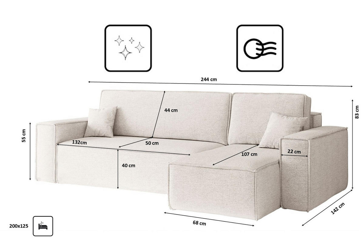 ECKSOFA, Best L-Form, Stoff Neve, Ecru, Rechts - Ecru, Holz (244/142cm) - Kaiser Möbel